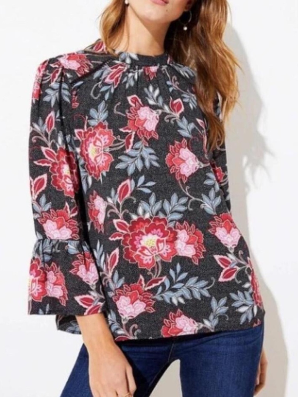 LOFT Mock Neck Paisley Floral Long Sleeve Women's Medium Petite Bell Sleeve Top